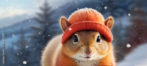 Close up of a cute little squirrel wearing an orange winter hat. snowy winter forest scenery. Generative Ai