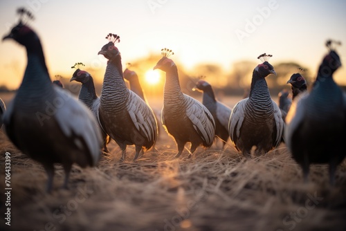 shadows of a flock of guinea fowls at sunset photo