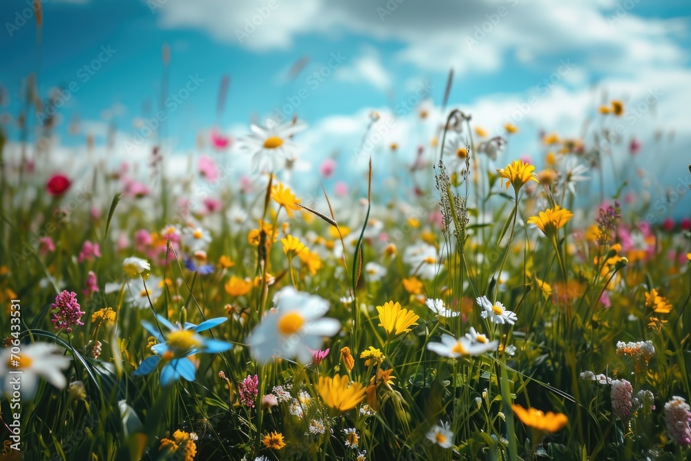 A picturesque field of colorful flowers with a clear blue sky in the background. Perfect for adding a touch of nature and beauty to any project