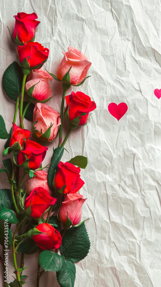 Vertical Valentine's Day poster made of beautiful roses on vintage white paper background, concept for congratulations Vertical Valentine's Day poster made of beautiful roses on vintage white paper background, concept for congratulations