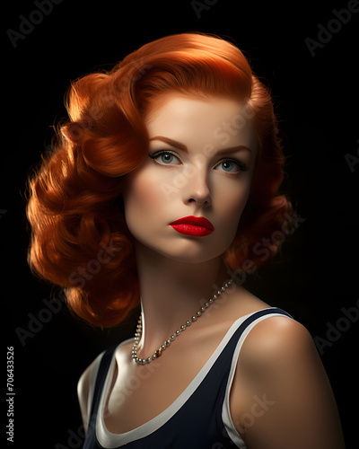  Beautiful young woman with red hair, fifties style hairstyle, studio portrait evoking retro nostalgia