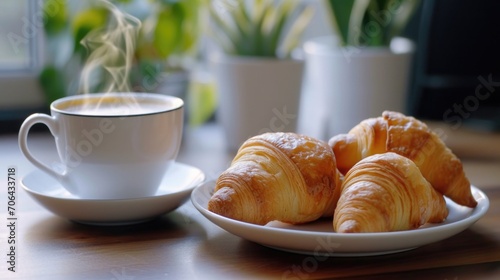 A delicious plate of croissants accompanied by a hot cup of coffee. Perfect for breakfast or a morning snack