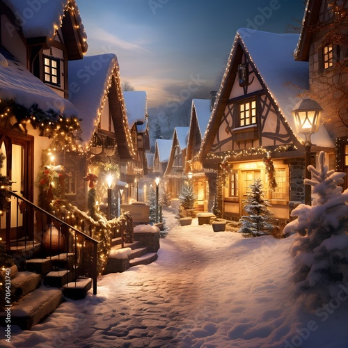 Christmas village in the snow. Christmas and New Year holidays concept.