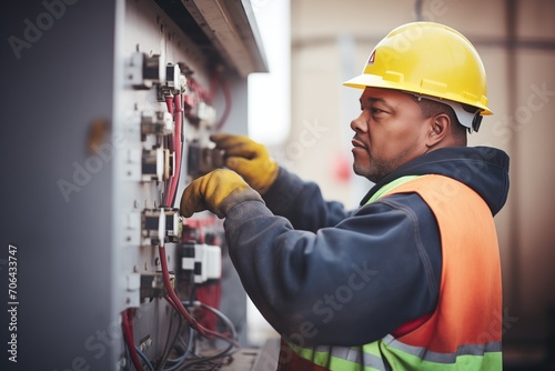 electrician adjusting switches inside a high-tension substation control box photo