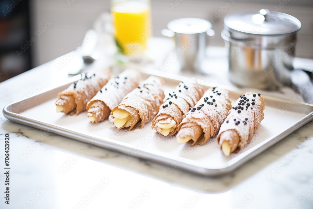 cannoli lined up on a tray with powdered sugar topping