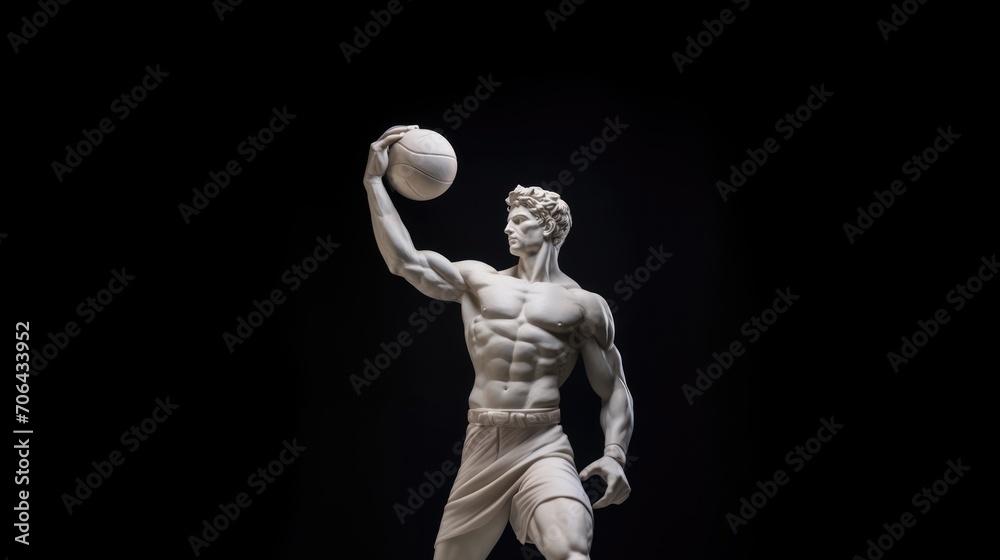 Marble statue of an antique athlete with a basket ball in his hands. Sports Lifestyle Concept