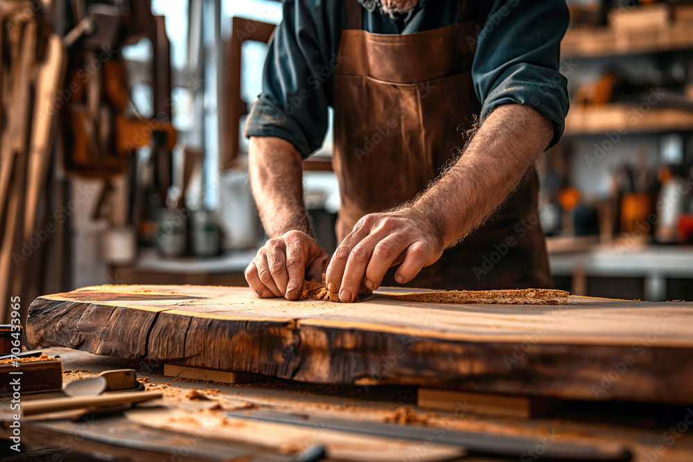 Man Working on Piece of Wood in a Business Setting Man Working on Piece of Wood in a Business Setting