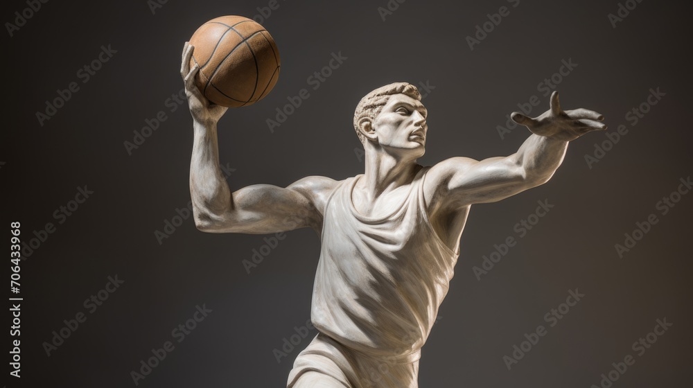 Marble statue of an antique athlete with a basketball in his hands. Sports Lifestyle Concept - obrazy, fototapety, plakaty 