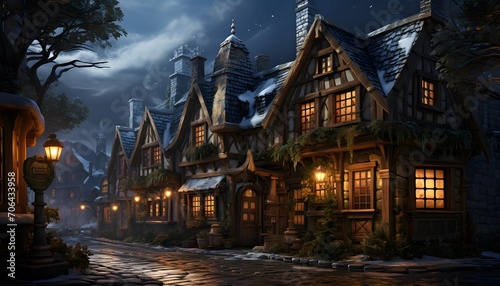 Winter night in the village. Illustration of a winter night in the village.