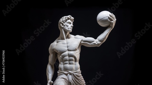 Marble statue of an antique athlete with a basketball in his hands. Sports Lifestyle Concept
