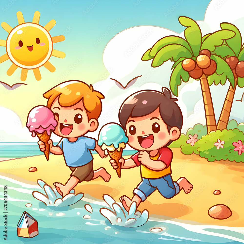 Enjoying Ice Cream, Walking in the Cool Water Enjoying Ice Cream, Walking in the Cool Water