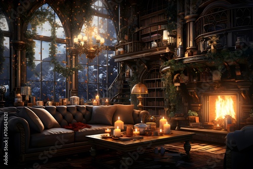 3d illustration of a cozy living room with a fireplace, a sofa and candles