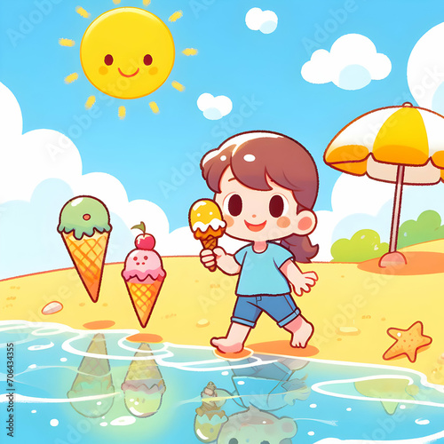 Little Girl Enjoying Ice Cream at Sunny Day