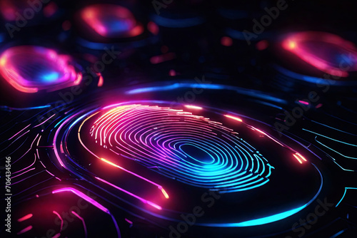 Neon fingerprint glow. Biometrics identification and cybersecurity concept on a dark background. Futuristic technology visual.