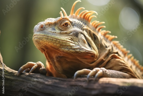 iguana basking on a thick  sunlit bough