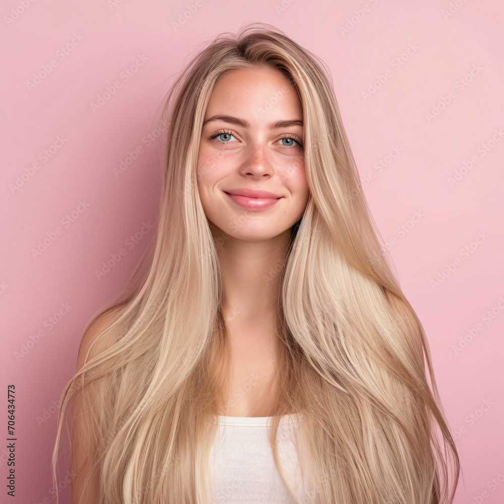 Naklejka premium Young, Radiant Blonde Woman with Enchanting Smile on a Vibrant Background - Perfect for Promoting Skincare and Beauty Products - Generative AI