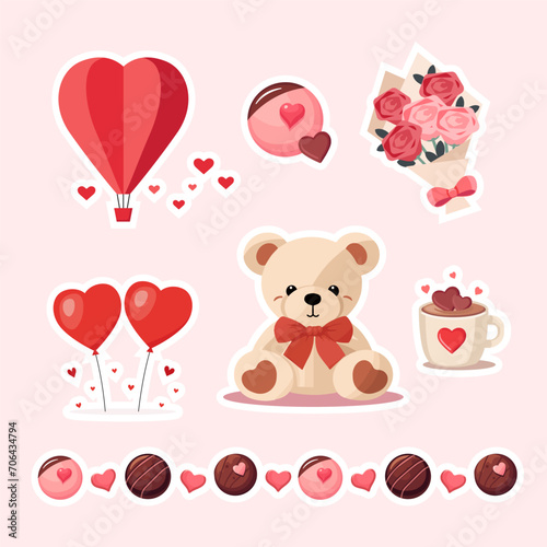 Fototapeta Naklejka Na Ścianę i Meble -  Valentine's day sticker set with teddy bear rose bouquet chocolate balloon