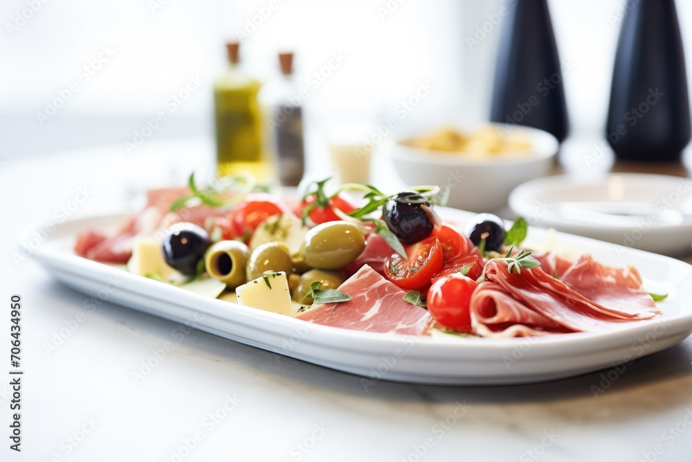 antipasti with cured meats, olives and artichoke hearts
