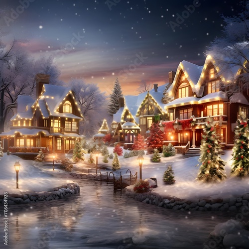Digital painting of christmas village at night with snowflakes.