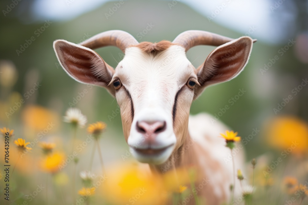 goat with curved horns framed by alpine wildflowers