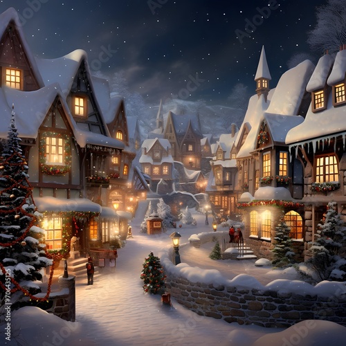 Christmas and New Year night in a snowy village  3d render