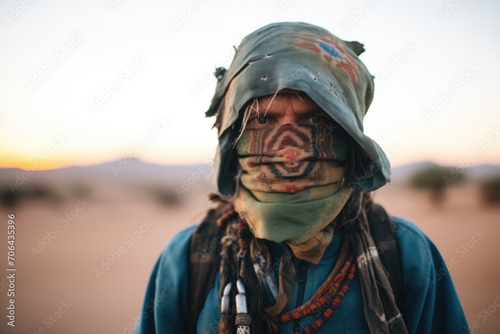 nomad with covered face in a desert at twilight nomad with covered face in a desert at twilight
