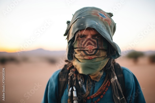 nomad with covered face in a desert at twilight © Natalia