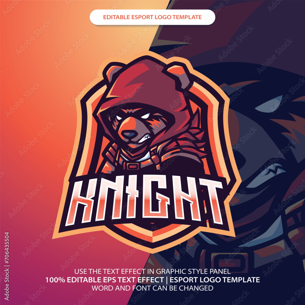 Knight Bear Mascot Emblem Badge Esport Logo Game Design. Identity for Gamer Streamer Club