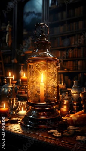 Lantern on the table in a dark room with books and candles