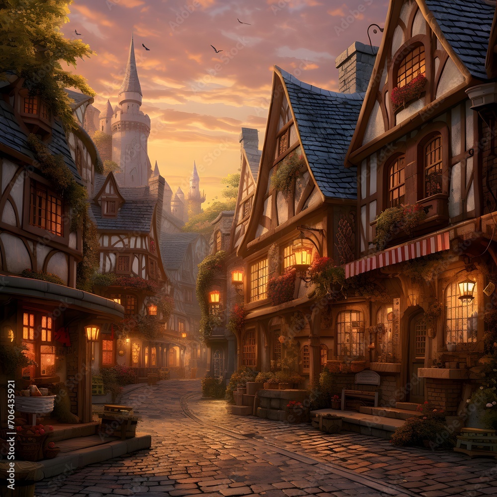 Digital painting of a fairy tale town in the middle of the night