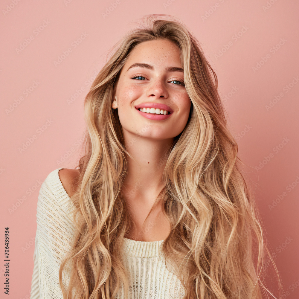 Fototapeta premium Young, Radiant Blonde Woman with Enchanting Smile on a Vibrant Background - Perfect for Promoting Skincare and Beauty Products - Generative AI