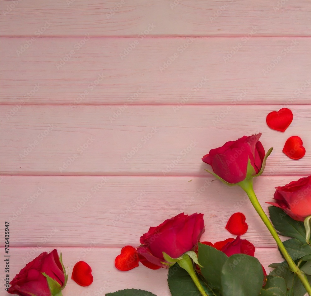 Red roses on pink wooden background with copy space