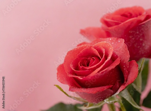 Red roses on pink background with copy space