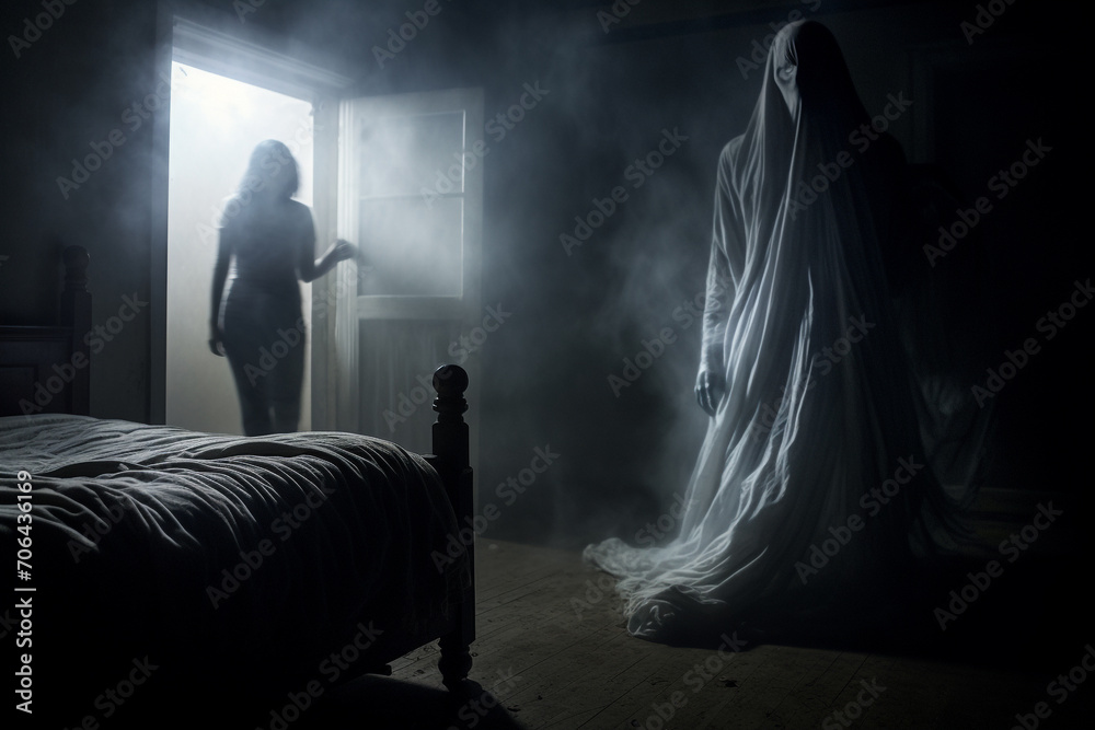 Culture and religion, states of mind, sci-fi and horror concept. Specter, reaper or ghost silhouette. Scary and terrifying apparition of paranormal ghost at night Culture and religion, states of mind, sci-fi and horror concept. Specter, reaper or ghost silhouette. Scary and terrifying apparition of paranormal ghost at night