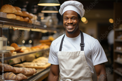 happy black baker man in a white apron and a white chef's hat on his head on the background of a bread counter