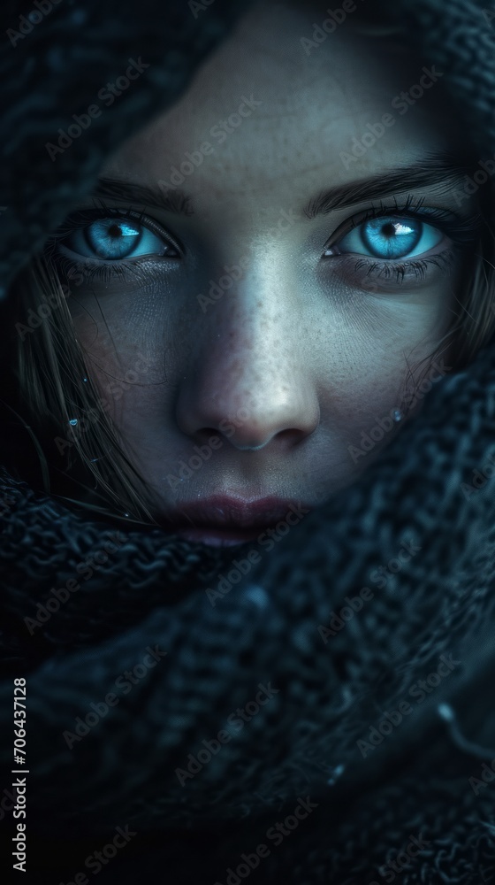 A mysterious lady with piercing glacier blue eyes, shrouded with dark aura, haunting, minimal lighting, dark, depth of field
