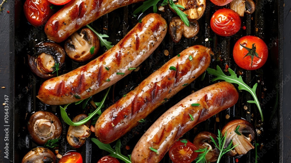 German sausages with grilled mushrooms and tomatoes.Grill pan with delicious grilled sausages German sausages with grilled mushrooms and tomatoes.Grill pan with delicious grilled sausages