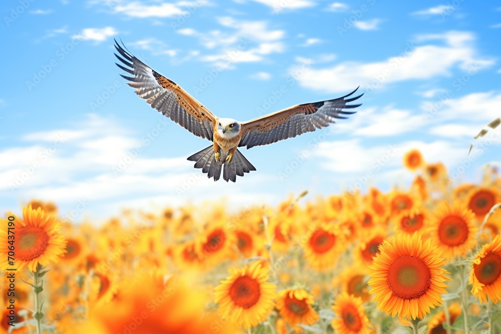 Naklejka premium single red kite hovering over sunflower field