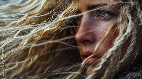 Retrato primer plano cara de Mujer joven modelo sola con peinado rizado rubio y ojos claros mostrando libertad, sensación de frío. photo