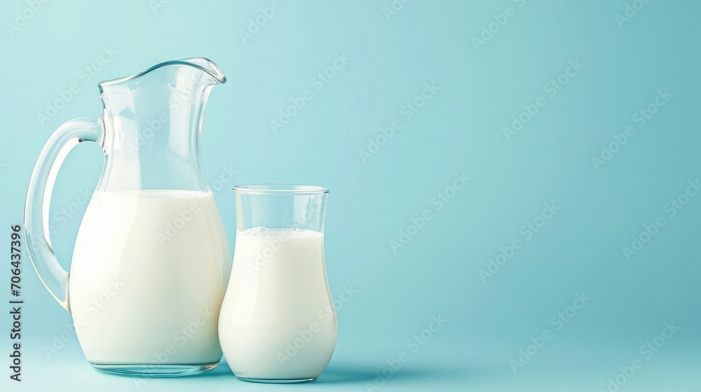 glass of milk, a jug of milk on blue background. The concept of farm dairy products, milk day. Copy space. glass of milk, a jug of milk on blue background. The concept of farm dairy products, milk day. Copy space.