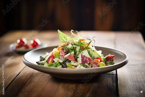 salad plated on rustic wood, natural light illuminating dish