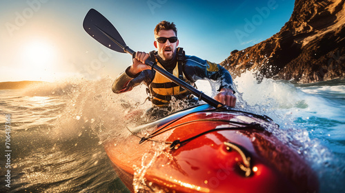 Whitewater kayaking, extreme kayaking. A guy in a kayak sails on a river © lelechka