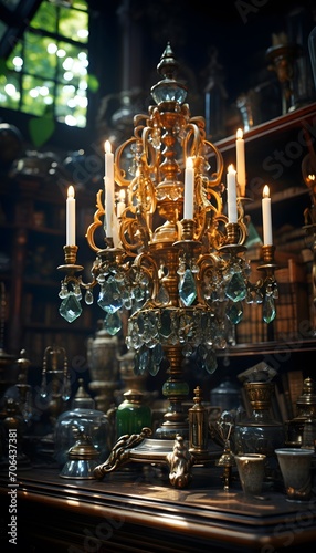 Antique candelabrum with burning candles in the interior of the church