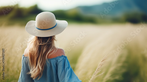 Back view of unrecognizable female in straw hat and casual wear walking on field and admiring view of scenic landscape © lelechka