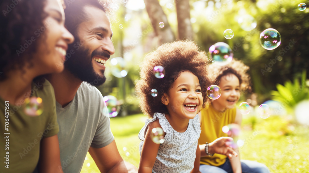 Happy mixed race Family with children blow soap bubbles outdoor - obrazy, fototapety, plakaty 