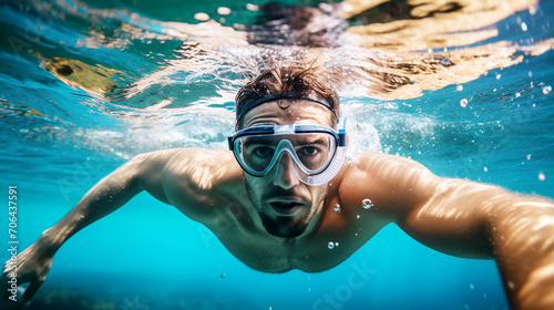 young man in water mask diving snorkeling down into the deep blue ocean sea