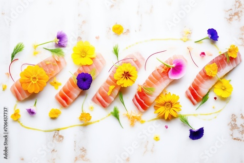 sashimi slices with edible flowers garnish