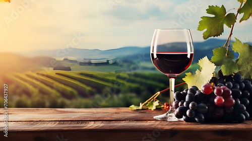 Red wine served on wooden planks vineyard on background, generative ai