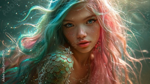 An ethereal mermaid queen with pink and turquoise mermaid skin, sparkling scales and long mermaid hair, feminine curves photo