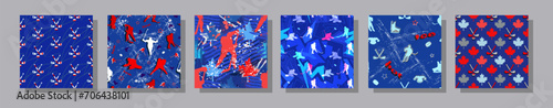 Set of hockey patterns in rich red and blue colors. Vector illustrations